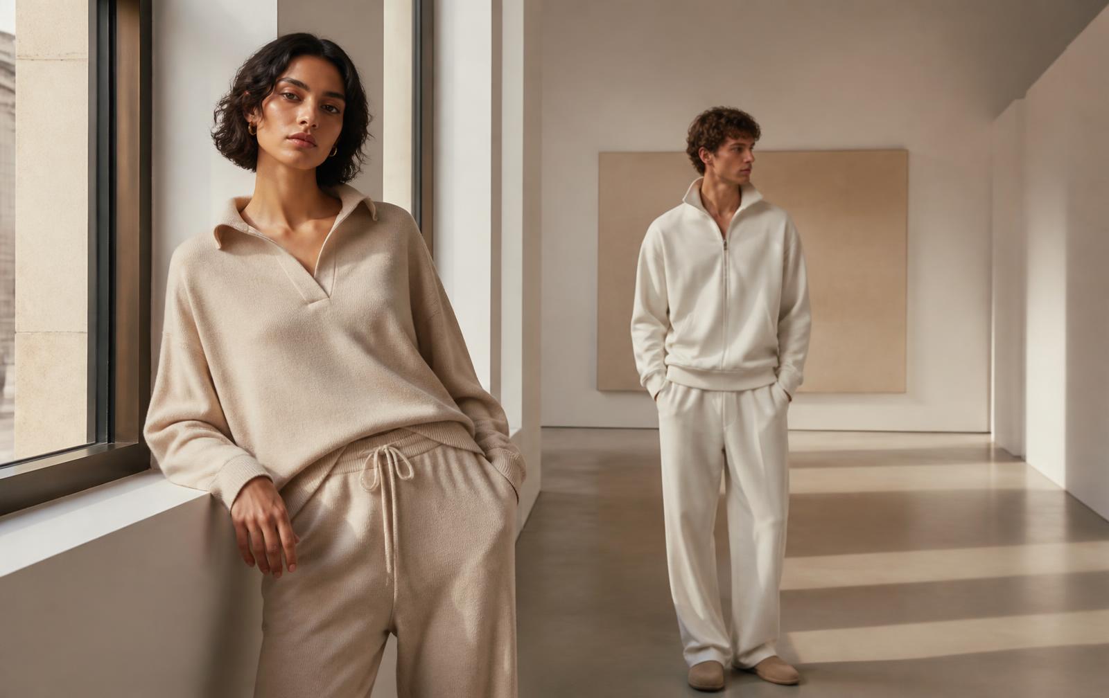 Elahda campaign — two models in neutral premium essentials
